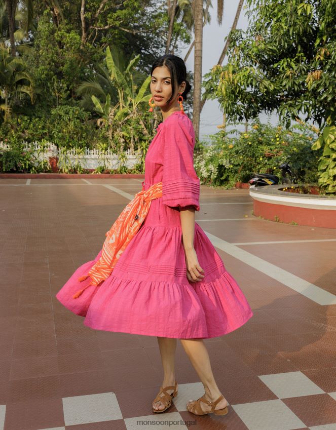 roupas vestido bata texturizado em camadas Monsoon mulheres rosa RPLH8F829