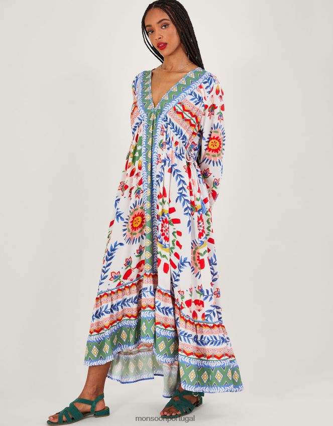 roupas vestido blusa com estampa floral geométrica Monsoon mulheres marfim RPLH8F57