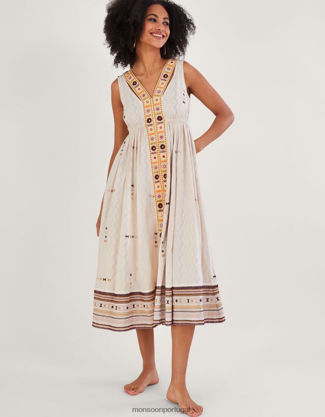 roupas vestido bordado chevron com gravata marcante Monsoon mulheres marfim RPLH8F306