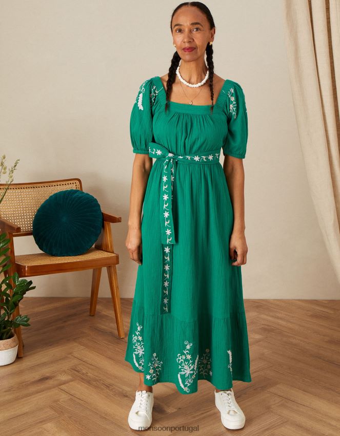 roupas vestido bordado dupla face com decote quadrado Monsoon mulheres verde RPLH8F860