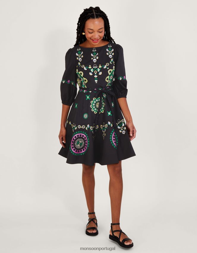 roupas vestido bordado em camadas Monsoon mulheres preto RPLH8F1084