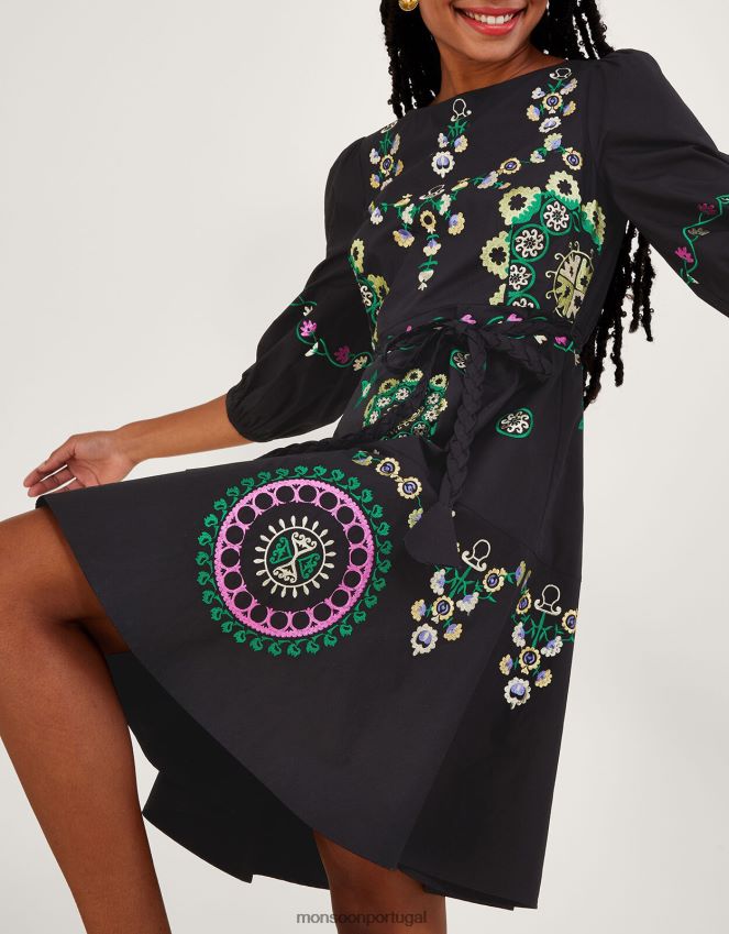roupas vestido bordado em camadas Monsoon mulheres preto RPLH8F1084