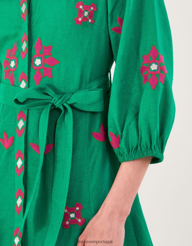 roupas vestido camisa bordado em mescla de linho Monsoon mulheres verde RPLH8F432
