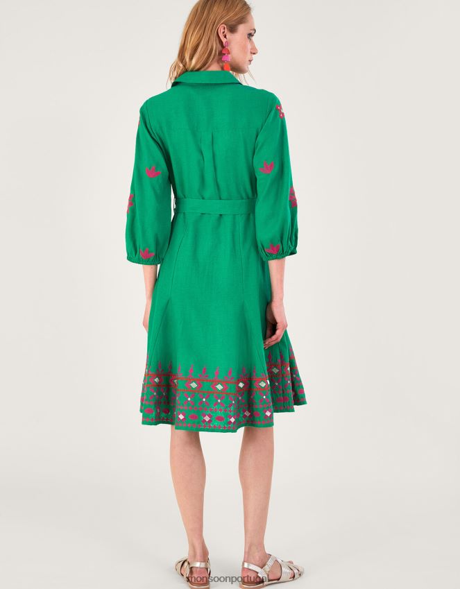roupas vestido camisa bordado em mescla de linho Monsoon mulheres verde RPLH8F432