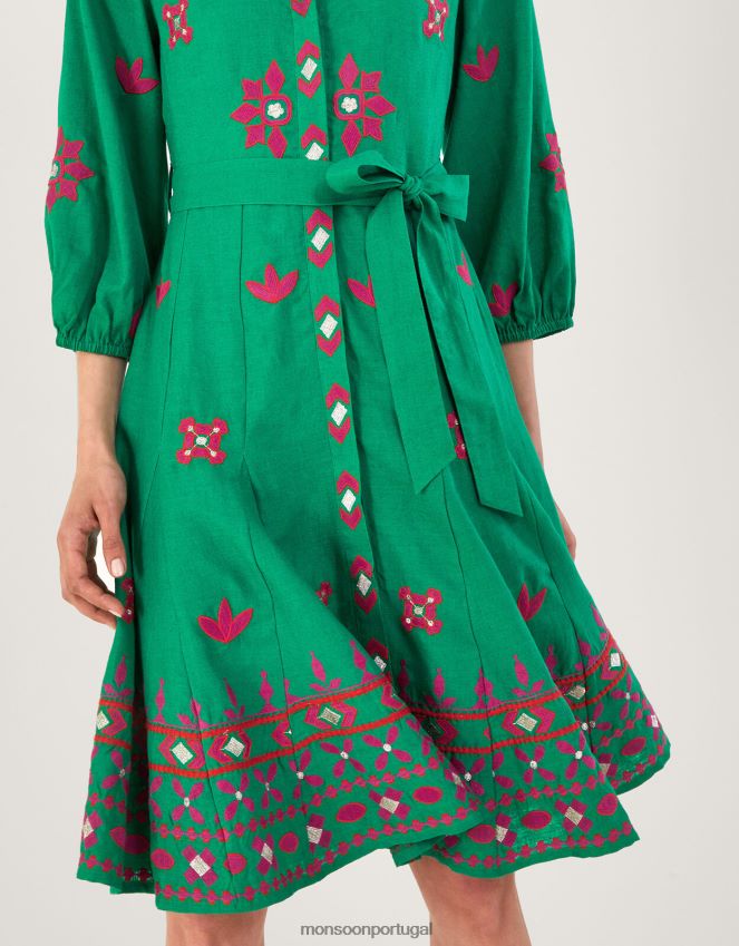 roupas vestido camisa bordado em mescla de linho Monsoon mulheres verde RPLH8F432