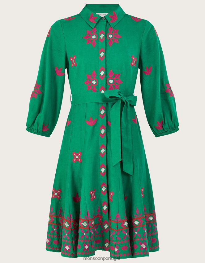 roupas vestido camisa bordado em mescla de linho Monsoon mulheres verde RPLH8F432
