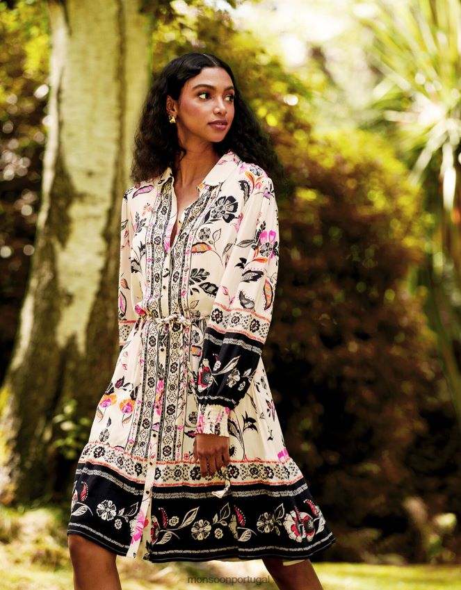 roupas vestido camisa floral Monsoon mulheres marfim RPLH8F140