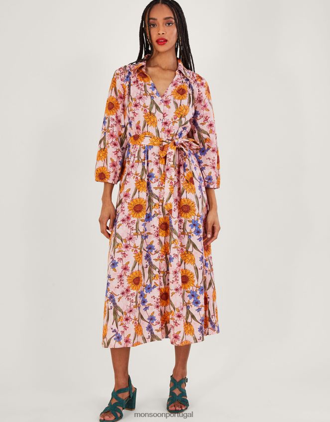 roupas vestido camisa leilah em mescla de linho Monsoon mulheres rosa (blush) RPLH8F551