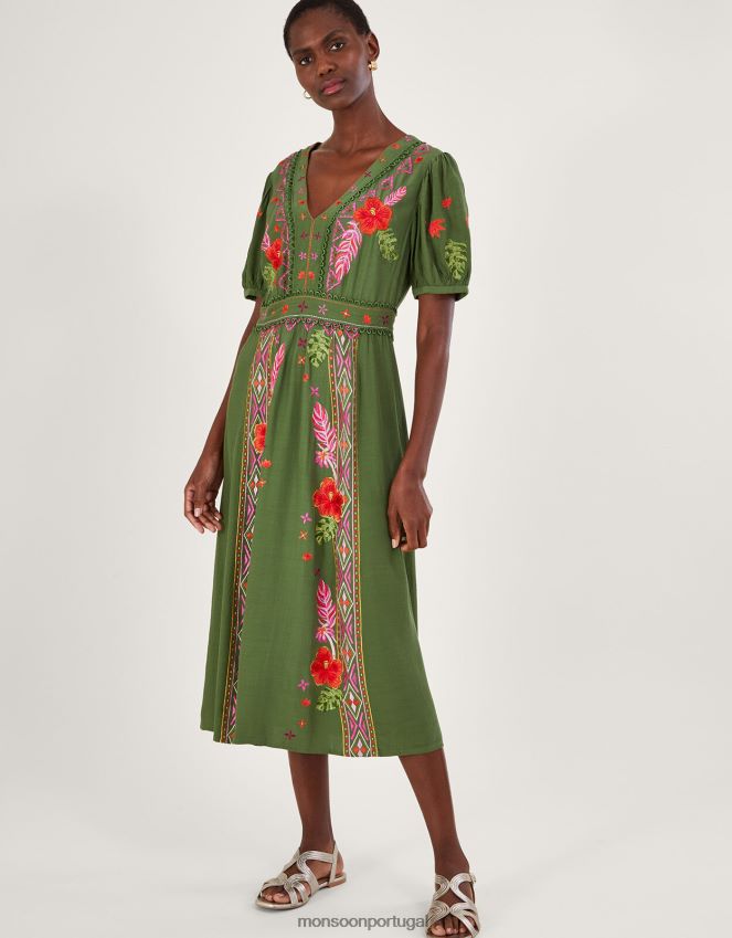roupas vestido chá bordado floral farah Monsoon mulheres verde RPLH8F1055
