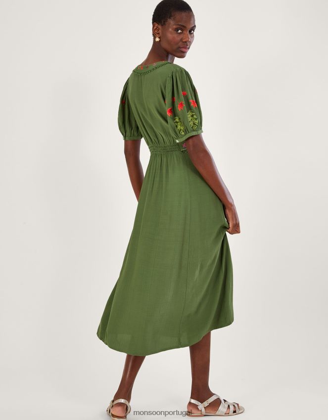 roupas vestido chá bordado floral farah Monsoon mulheres verde RPLH8F1055