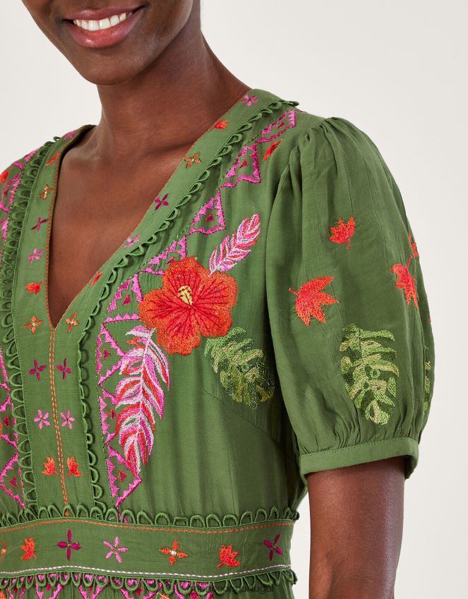 roupas vestido chá bordado floral farah Monsoon mulheres verde RPLH8F1055