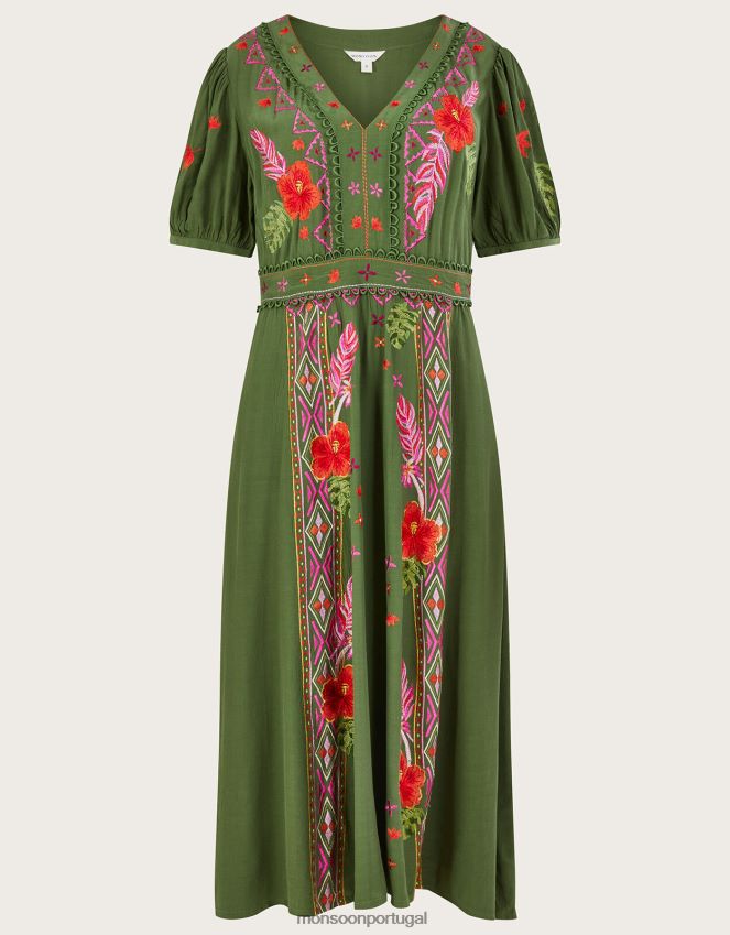 roupas vestido chá bordado floral farah Monsoon mulheres verde RPLH8F1055