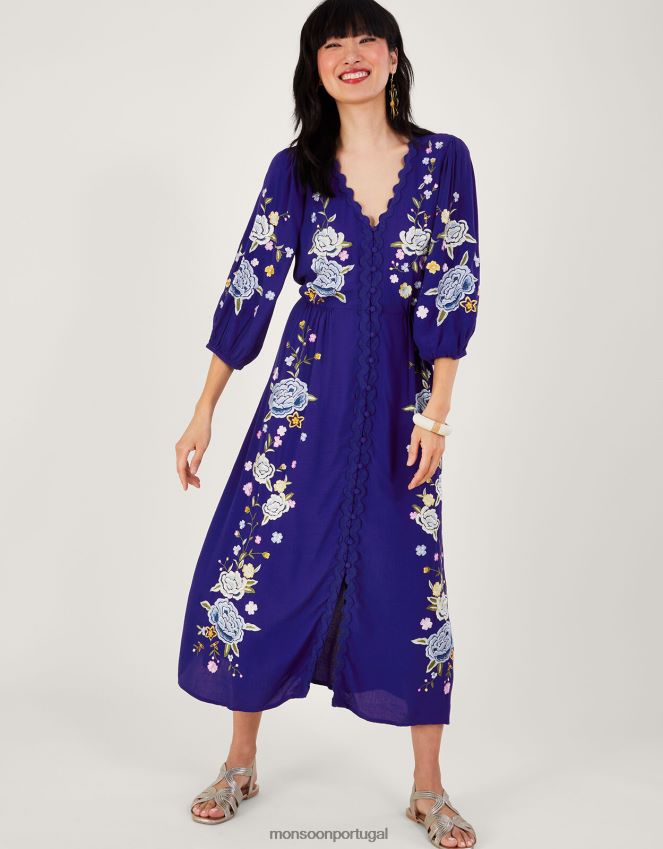roupas vestido chá bordado floral olla em viscose sustentável Monsoon mulheres azul RPLH8F332