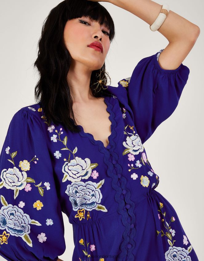 roupas vestido chá bordado floral olla em viscose sustentável Monsoon mulheres azul RPLH8F332