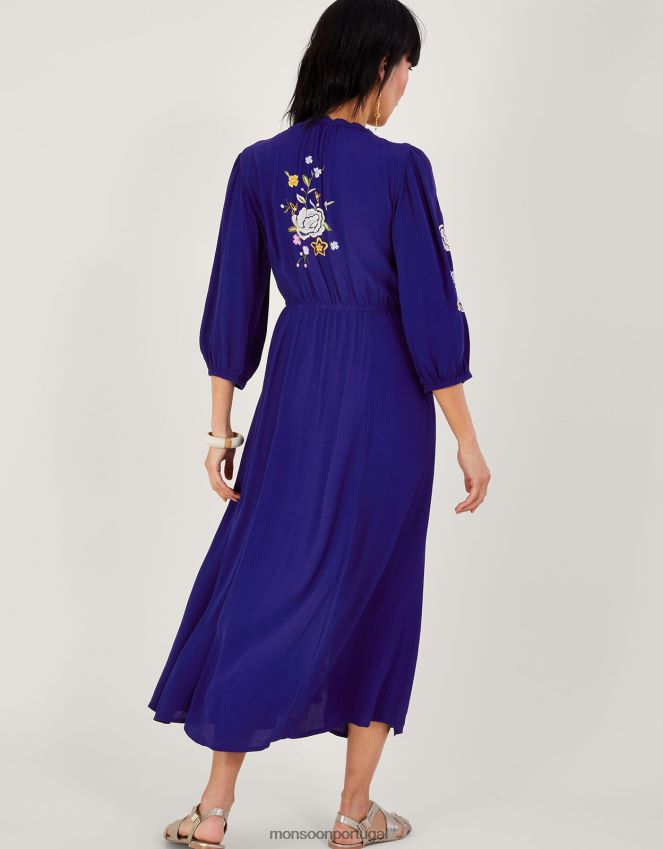 roupas vestido chá bordado floral olla em viscose sustentável Monsoon mulheres azul RPLH8F332