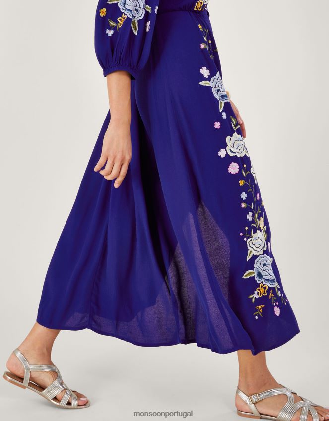 roupas vestido chá bordado floral olla em viscose sustentável Monsoon mulheres azul RPLH8F332