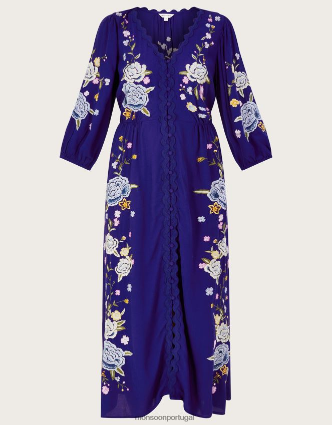 roupas vestido chá bordado floral olla em viscose sustentável Monsoon mulheres azul RPLH8F332