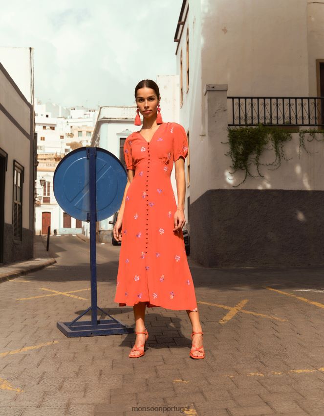 roupas vestido chá bordado ollie em viscose sustentável Monsoon mulheres laranja RPLH8F918