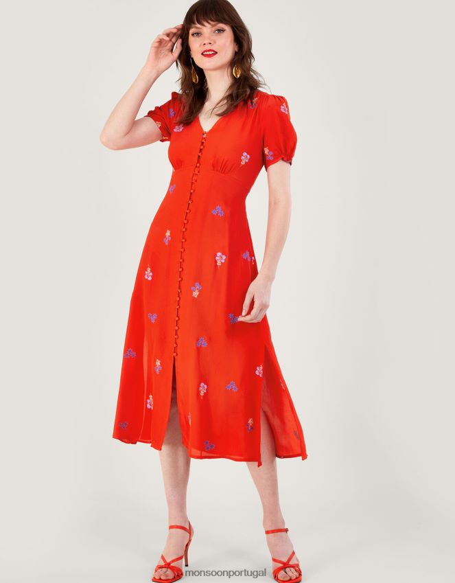 roupas vestido chá bordado ollie em viscose sustentável Monsoon mulheres laranja RPLH8F918