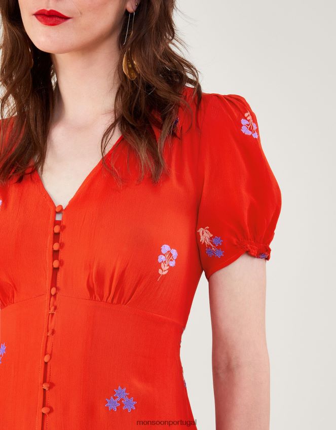 roupas vestido chá bordado ollie em viscose sustentável Monsoon mulheres laranja RPLH8F918