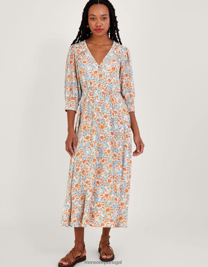roupas vestido chá com estampa floral keava em viscose sustentável Monsoon mulheres azul RPLH8F770