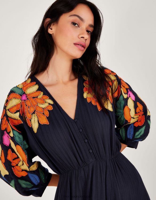 roupas vestido com apliques embelezados com folhas em lenzing ecovero Monsoon mulheres azul-marinho) RPLH8F623