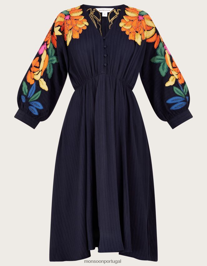 roupas vestido com apliques embelezados com folhas em lenzing ecovero Monsoon mulheres azul-marinho) RPLH8F623