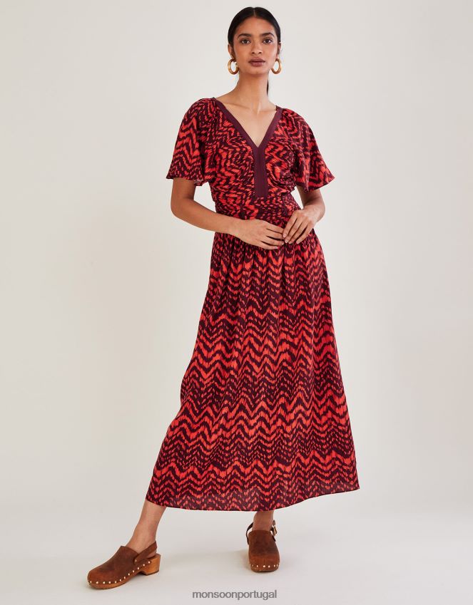 roupas vestido com estampa animal em zigue-zague e decote em V Monsoon mulheres vermelho RPLH8F610