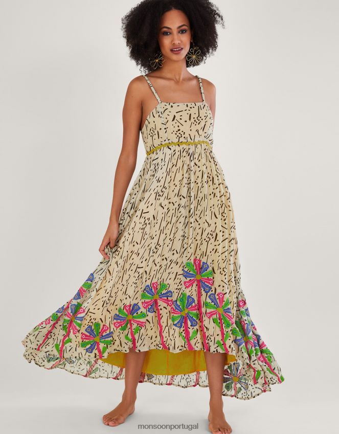 roupas vestido com estampa de lenço e bainha elenzing ecovero Monsoon mulheres amarelo RPLH8F324