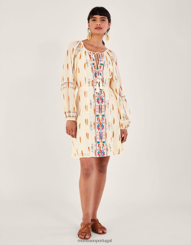 roupas vestido curto com estampa asteca e bordado Monsoon mulheres marfim RPLH8F184