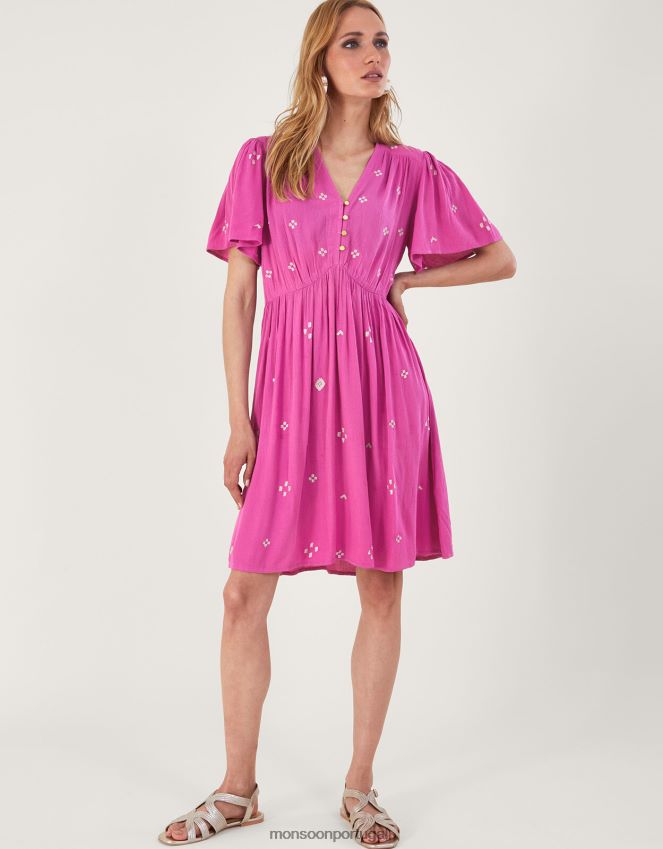 roupas vestido curto com pregas bordado em lenzing ecovero Monsoon mulheres rosa RPLH8F59