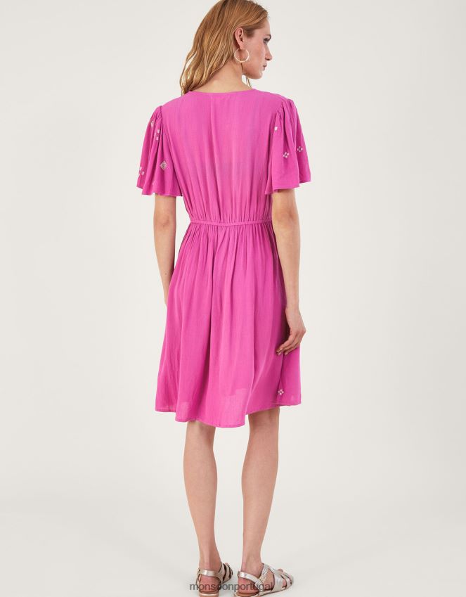 roupas vestido curto com pregas bordado em lenzing ecovero Monsoon mulheres rosa RPLH8F59