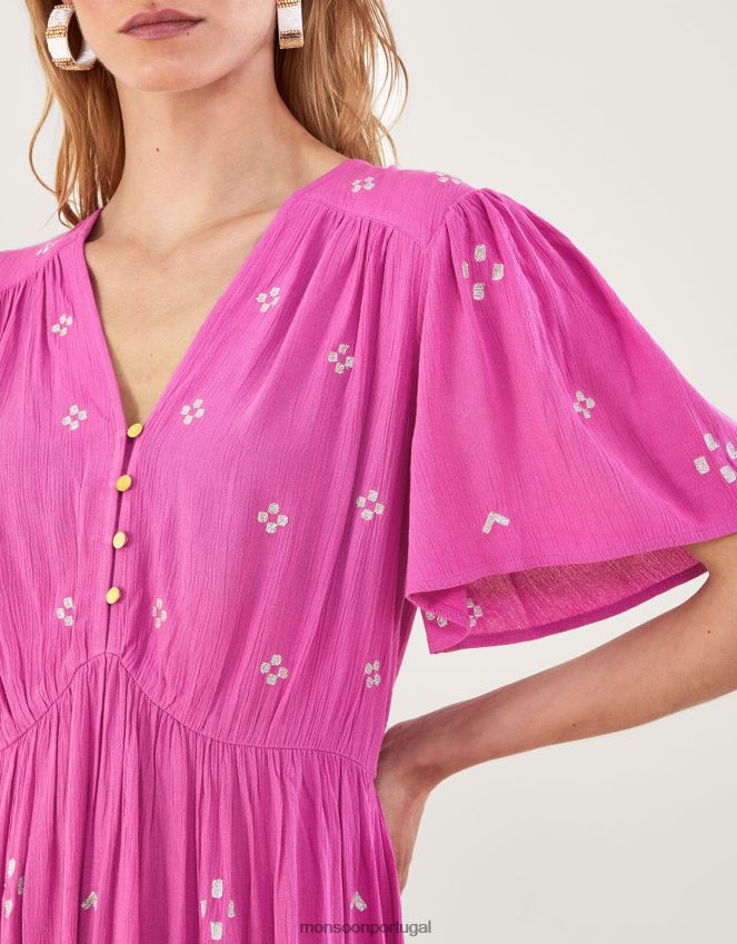 roupas vestido curto com pregas bordado em lenzing ecovero Monsoon mulheres rosa RPLH8F59