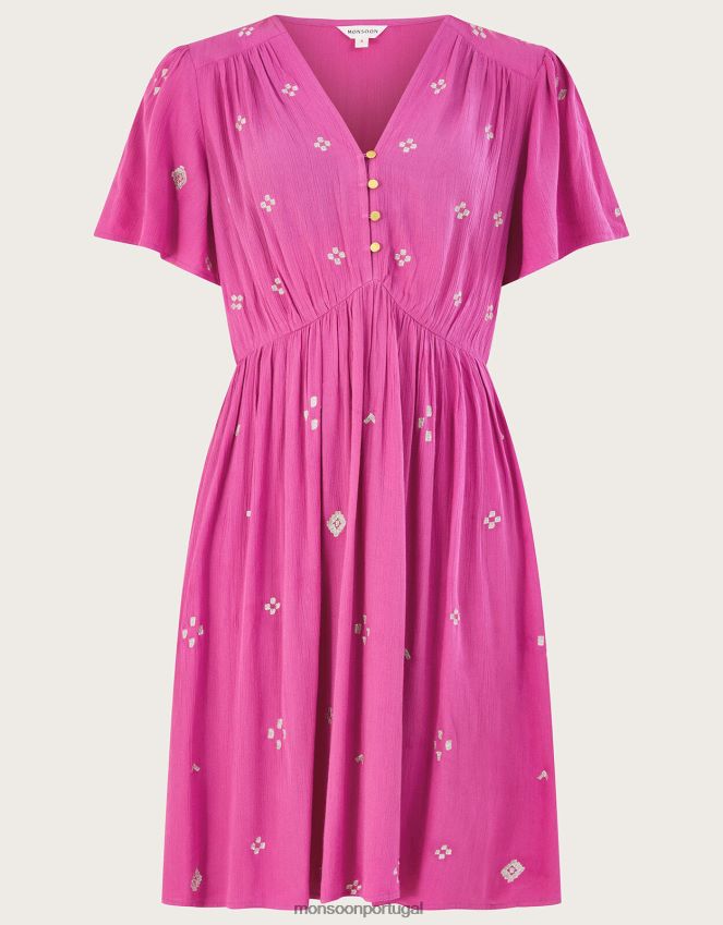roupas vestido curto com pregas bordado em lenzing ecovero Monsoon mulheres rosa RPLH8F59