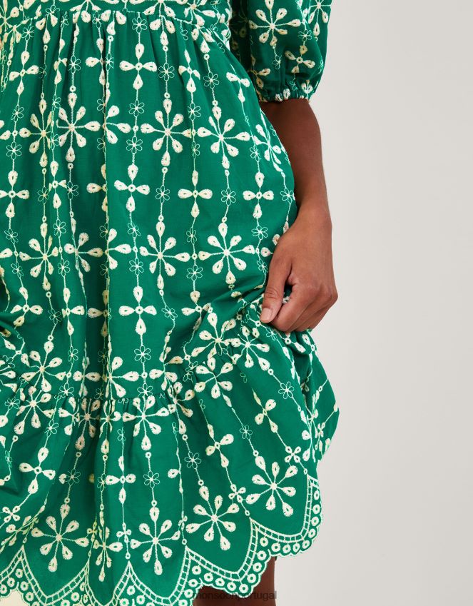 roupas vestido curto manga bufante bordado em algodão sustentável Monsoon mulheres verde RPLH8F956