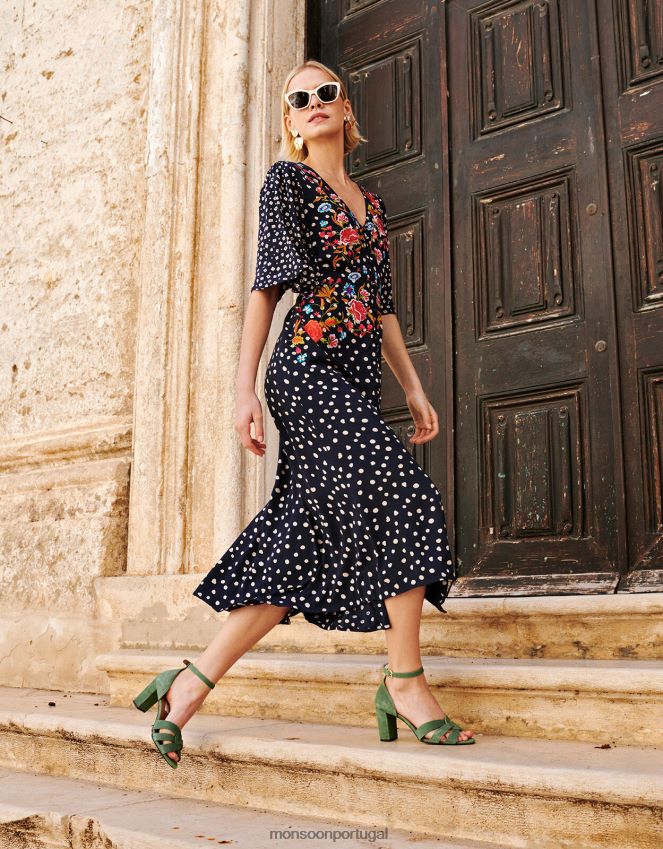 roupas vestido de chá bordado rori Monsoon mulheres azul-marinho) RPLH8F696