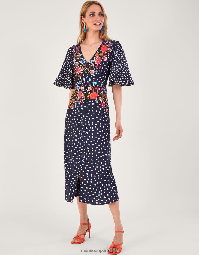 roupas vestido de chá bordado rori Monsoon mulheres azul-marinho) RPLH8F696