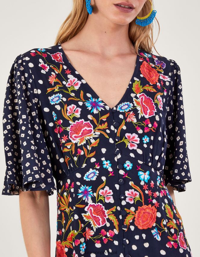 roupas vestido de chá bordado rori Monsoon mulheres azul-marinho) RPLH8F696