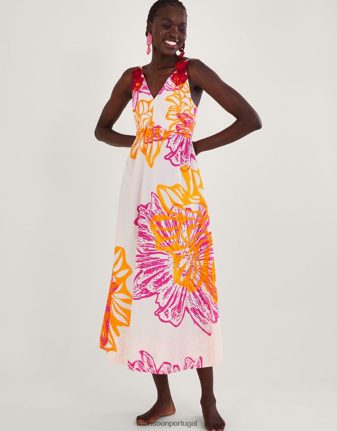 roupas vestido de popeline floral marguerite em algodão sustentável Monsoon mulheres marfim RPLH8F350