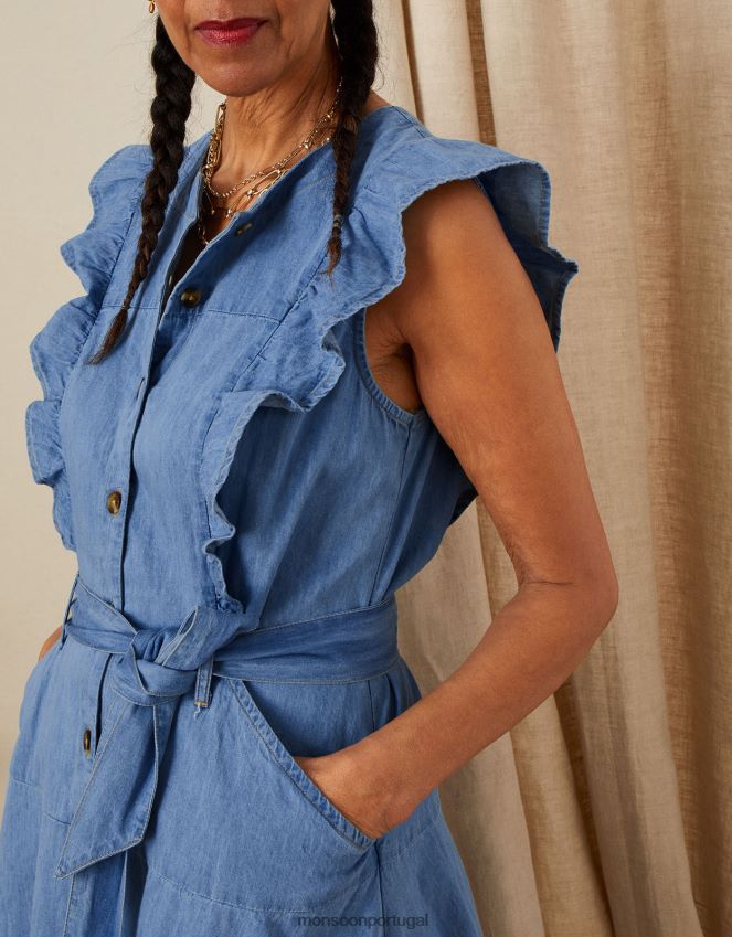 roupas vestido de sol jeans com manga e babados em algodão sustentável Monsoon mulheres azul (azul jeans) RPLH8F1067