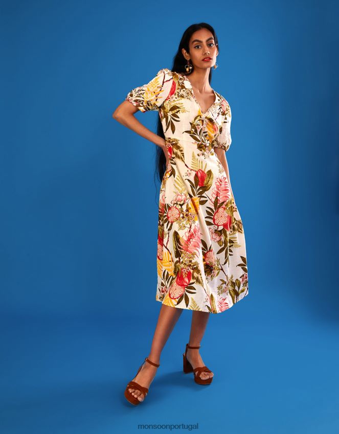 roupas vestido eliana romã em mistura de linho Monsoon mulheres marfim RPLH8F1105