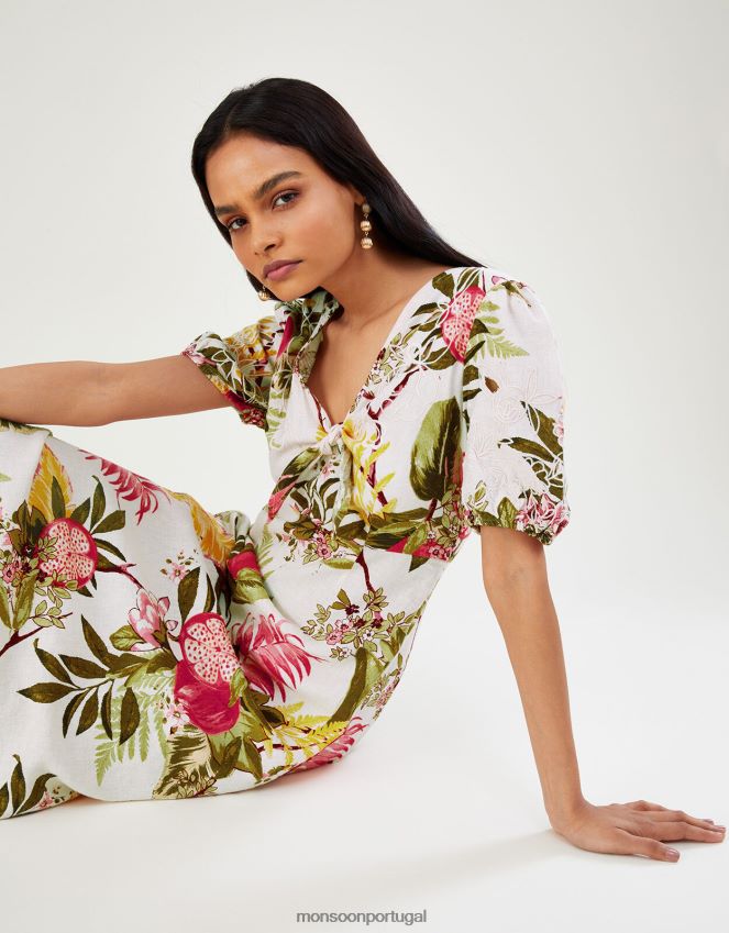 roupas vestido eliana romã em mistura de linho Monsoon mulheres marfim RPLH8F1105