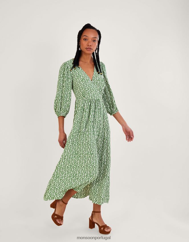 roupas vestido envolvente doris em viscose sustentável Monsoon mulheres verde RPLH8F940