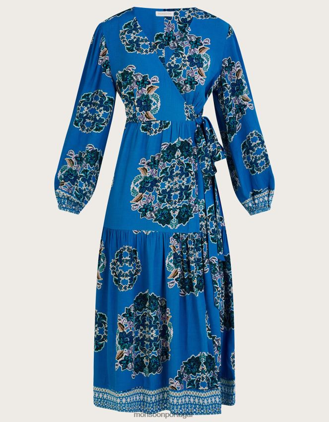roupas vestido envolvente estampado thea em viscose sustentável Monsoon mulheres azul (cobalto) RPLH8F1080