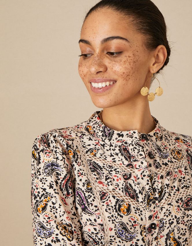 roupas vestido estampa paisley com acabamento em renda Monsoon mulheres marfim RPLH8F1114