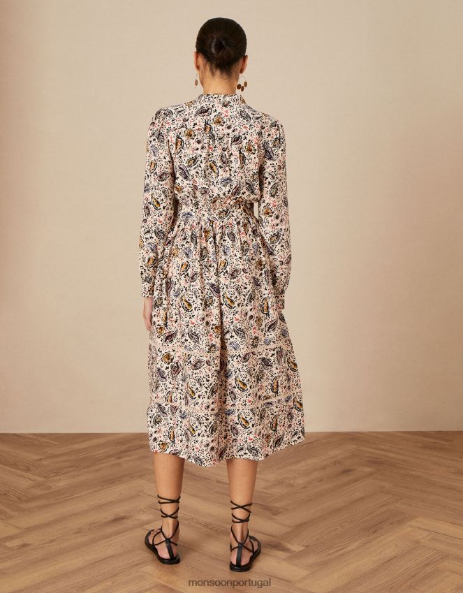 roupas vestido estampa paisley com acabamento em renda Monsoon mulheres marfim RPLH8F1114