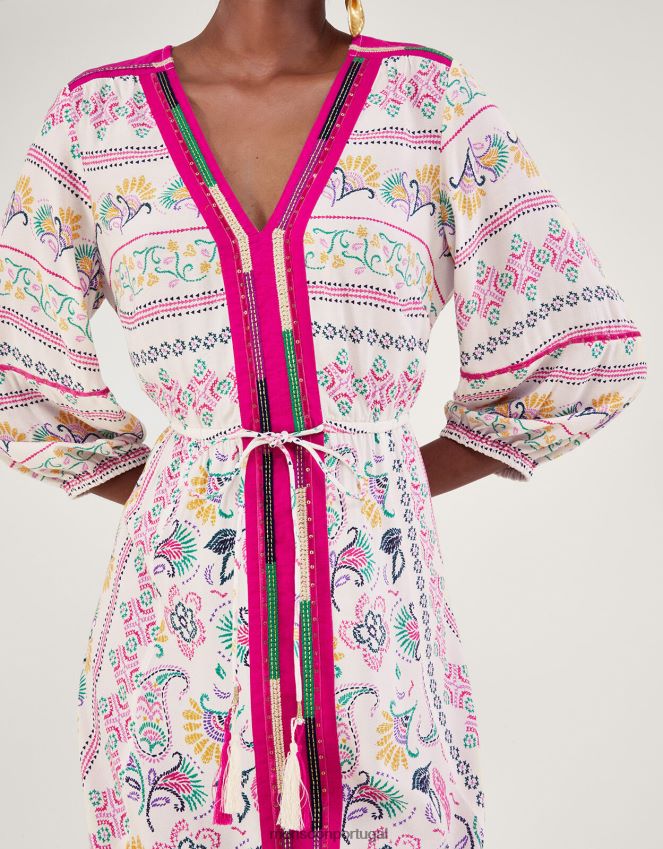 roupas vestido estampado bordado em lenzing ecovero Monsoon mulheres marfim RPLH8F88