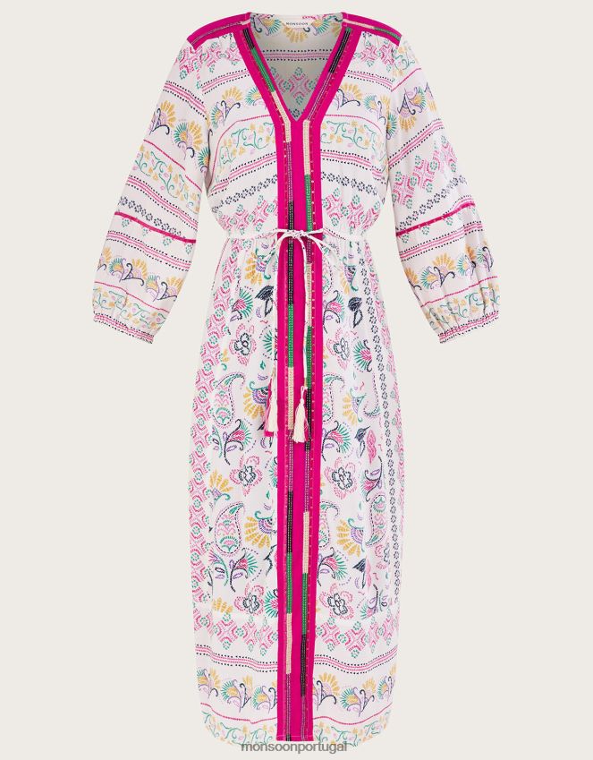 roupas vestido estampado bordado em lenzing ecovero Monsoon mulheres marfim RPLH8F88