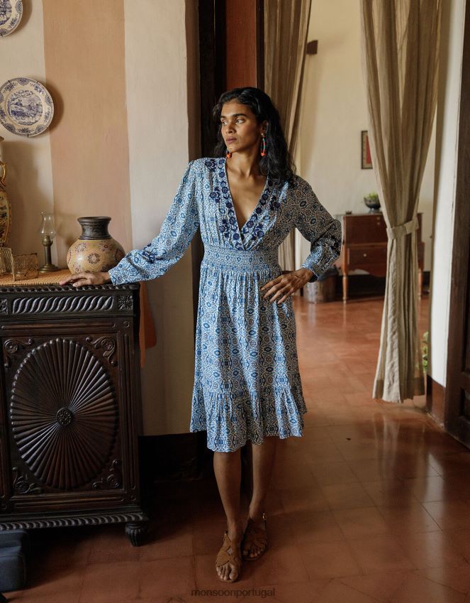 roupas vestido faye bordado com estampa geométrica em lenzing ecovero Monsoon mulheres azul RPLH8F459