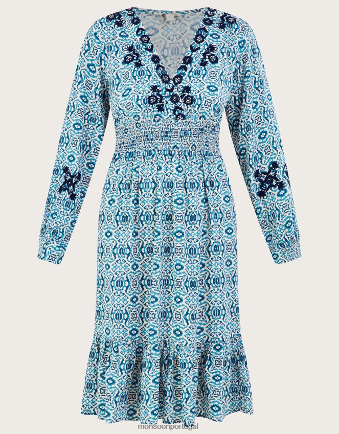 roupas vestido faye bordado com estampa geométrica em lenzing ecovero Monsoon mulheres azul RPLH8F459